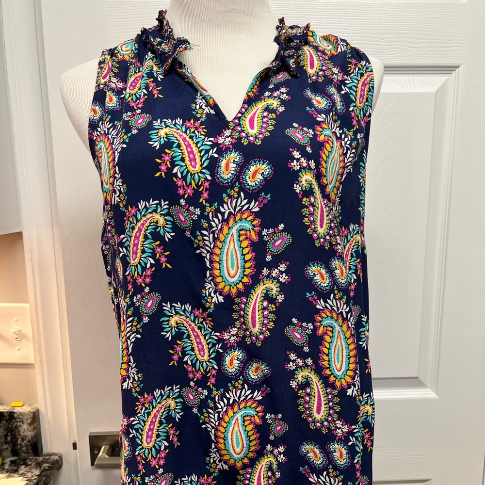 Talbots Colorful Paisley Sleeveless Blouse ruffled neck L navy